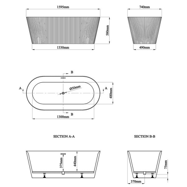 Eastbrook Sandford White Fluted Double Ended Freestanding Bath 1600 x 740mm #4
