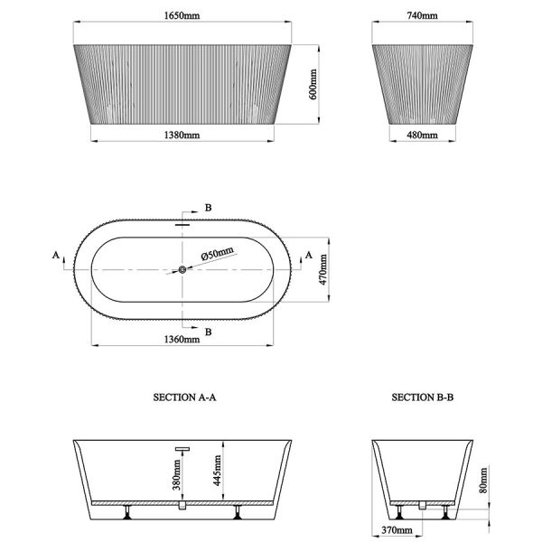 Eastbrook Sandford White Fluted Double Ended Freestanding Bath 1650 x 740mm #4