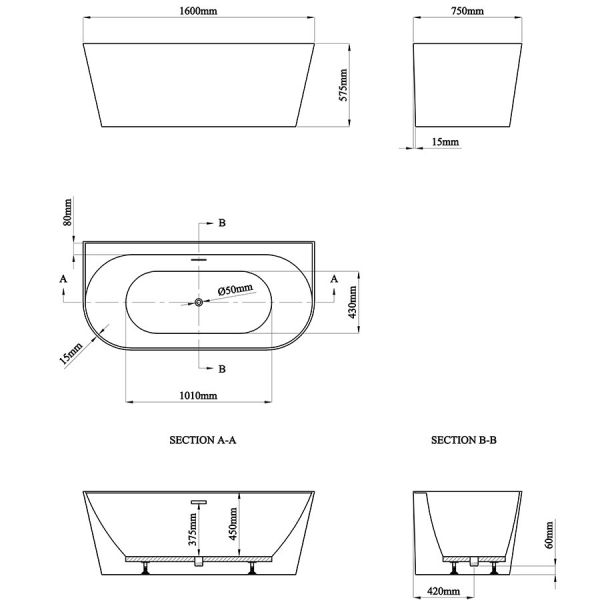 Eastbrook Brockland Matt White Double Ended Freestanding Bath 1600 x 750 #3