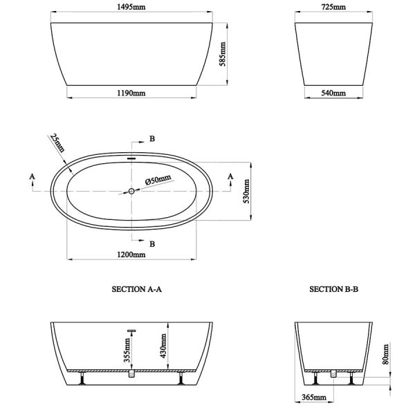 Eastbrook Wandsworth Matt White Double Ended Freestanding Bath 1500 x 725mm #2