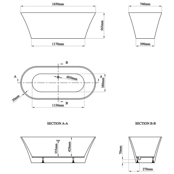 Eastbrook Charlton Matt White Double Ended Freestanding Bath 1650 x 740mm #2
