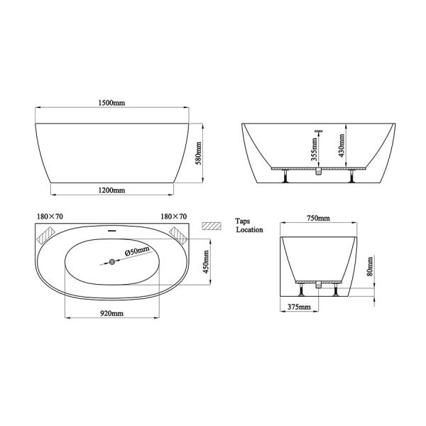 Eastbrook Harlton Freestanding Back to Wall Bath 1500 x 750 #4