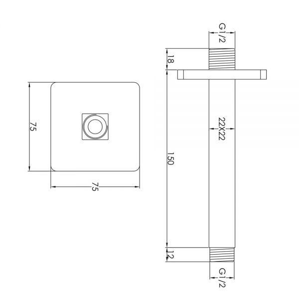 JTP HIX Matt Black 150mm Square Ceiling Mounted Shower Arm #2