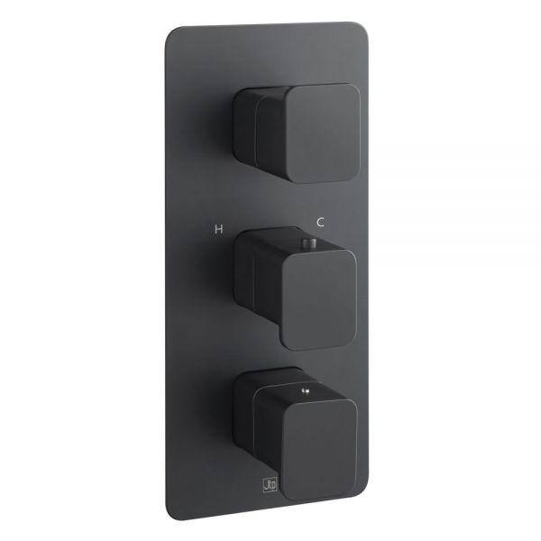 JTP HIX Matt Black Vertical Two Outlet Three Handle Thermostatic Shower Valve