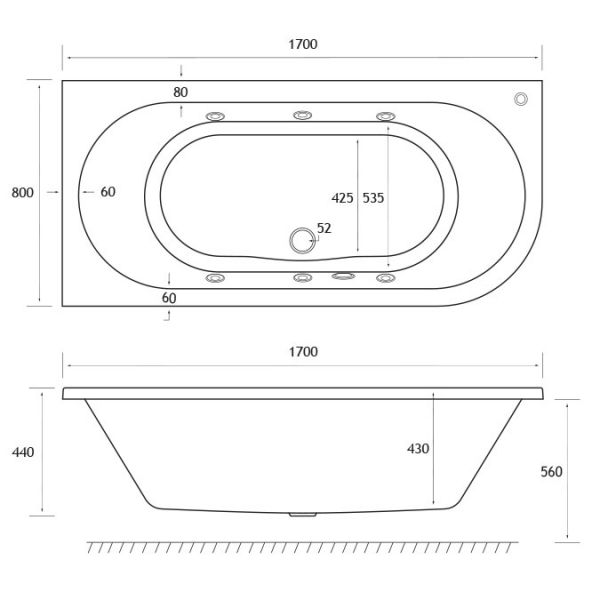 Eastbrook Beauforte Reinforced Biscay Left Hand 1700 x 800 Double Ended Whirlpool Bath with 6 Jets #3