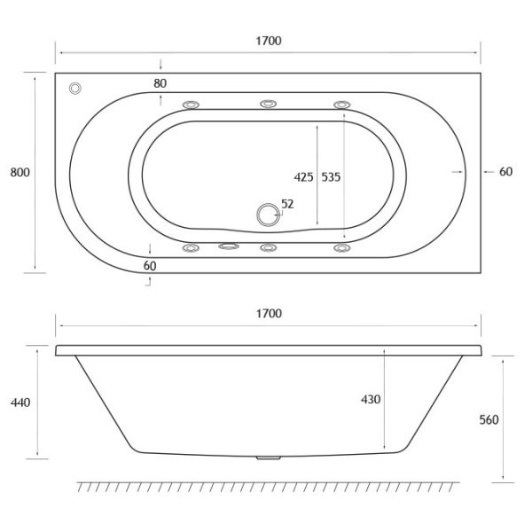 Eastbrook Beauforte Reinforced Biscay Right Hand 1700 x 800 Double Ended Whirlpool Bath with 6 Jets #3