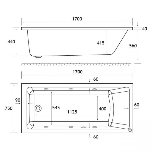 Eastbrook Beauforte Reinforced Portland 1700 x 750 Single Ended Whirlpool Bath with 6 Jets #3