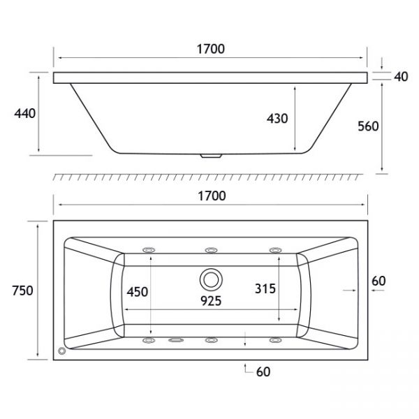 Eastbrook Beauforte Reinforced Portland 1700 x 750 Double Ended Whirlpool Bath with 6 Jets #3
