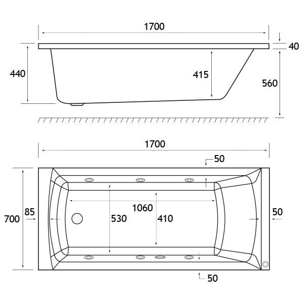 Eastbrook Beauforte Reinforced Rockall 1700 x 700 Single Ended Whirlpool Bath with 6 Jets #3