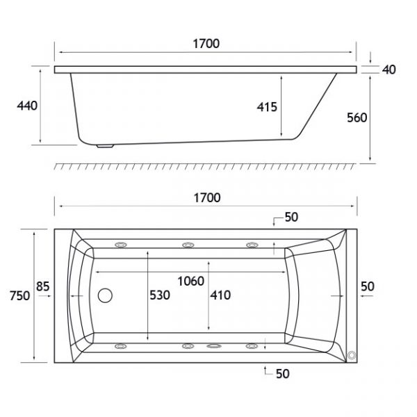 Eastbrook Beauforte Reinforced Rockall 1700 x 750 Single Ended Whirlpool Bath with 6 Jets #3