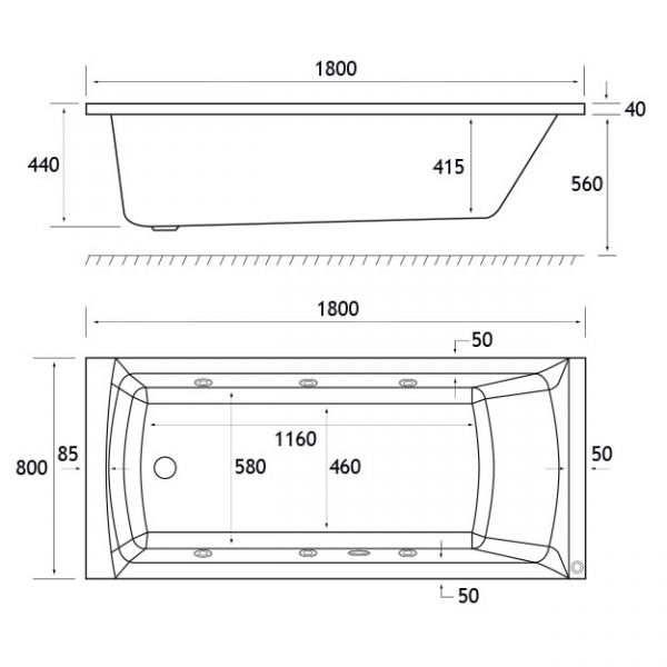 Eastbrook Beauforte Reinforced Rockall 1800 x 800 Single Ended Whirlpool Bath with 6 Jets #3