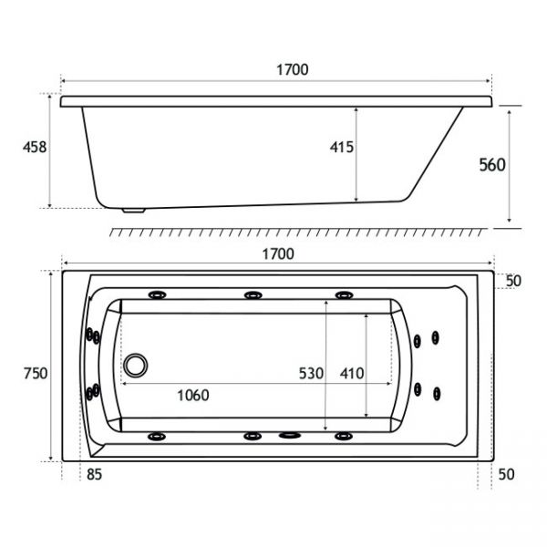 Eastbrook Beauforte Reinforced Rockall 1700 x 750 Single Ended Whirlpool Bath with 14 Jets #4