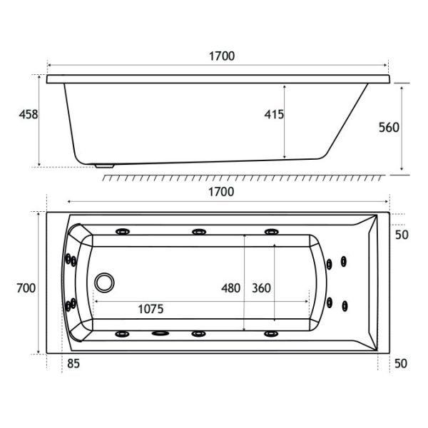 Eastbrook Beauforte Reinforced Rockall 1700 x 700 Single Ended Whirlpool Bath with 14 Jets #4