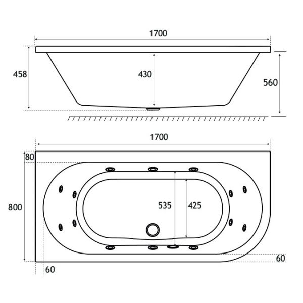Eastbrook Beauforte Reinforced Biscay Left Hand 1700 x 800 Double Ended Whirlpool Bath with 14 Jets #3