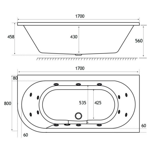 Eastbrook Beauforte Reinforced Biscay Right Hand 1700 x 800 Double Ended Whirlpool Bath with 14 Jets #3