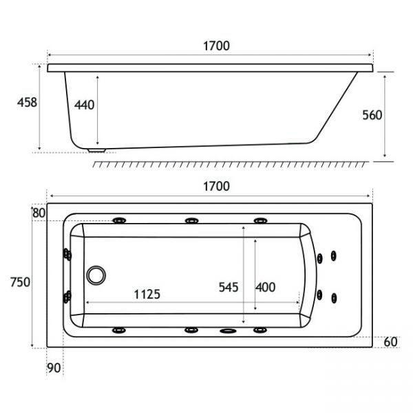Eastbrook Beauforte Reinforced Portland 1700 x 750 Single Ended Whirlpool Bath with 14 Jets #3