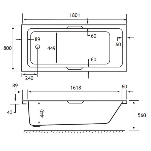 Eastbrook Portland 1800 x 800 Single Ended Bath with Twin Grips #2