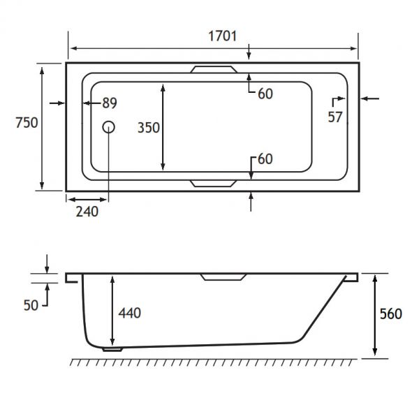 Eastbrook Portland 1700 x 750 Single Ended Bath with Twin Grips #2
