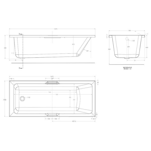 Eastbrook Portland 1675 x 700 Single Ended Bath with Twin Grips #2