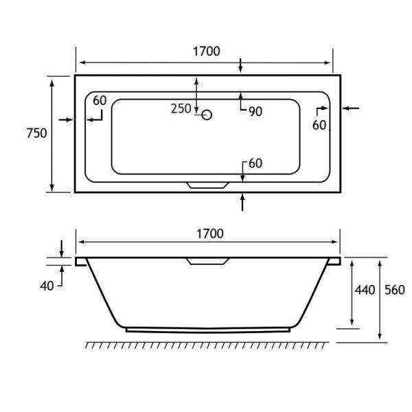 Eastbrook Portland 1700 x 750 Double Ended Bath with Single Grip #2