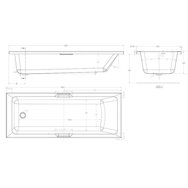 Eastbrook Portland Low Level 1800 x 700 Single Ended Bath with Twin Grips #4