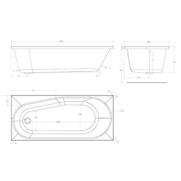 Eastbrook Fitzroy 1700 x 750 Single Ended Bath RH #2