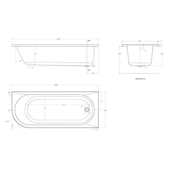 Eastbrook Biscay 1800 x 750 Right Hand Single Ended Bath #3