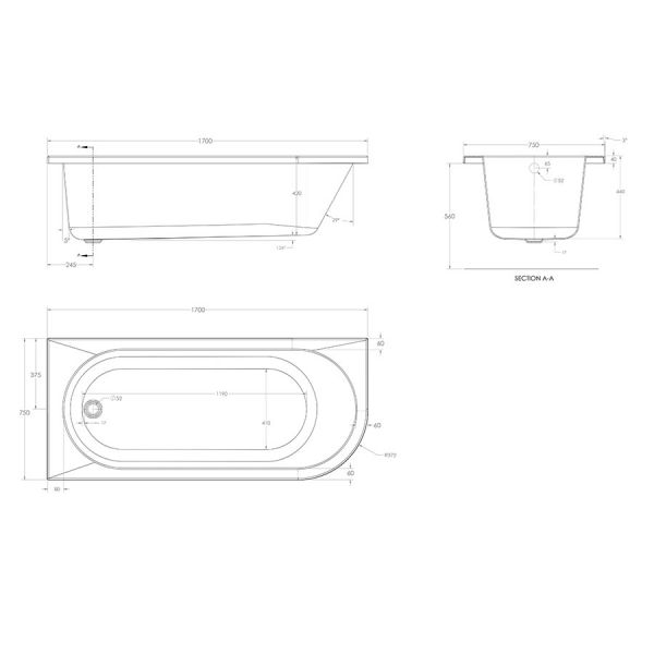 Eastbrook Biscay 1700 x 750 Left Hand Single Ended Bath #3
