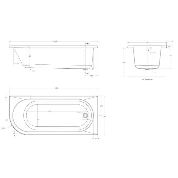 Eastbrook Biscay 1700 x 750 Right Hand Single Ended Bath #3