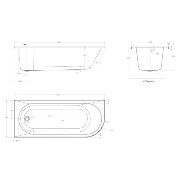 Eastbrook Biscay 1700 x 700 Left Hand Single Ended Bath #3