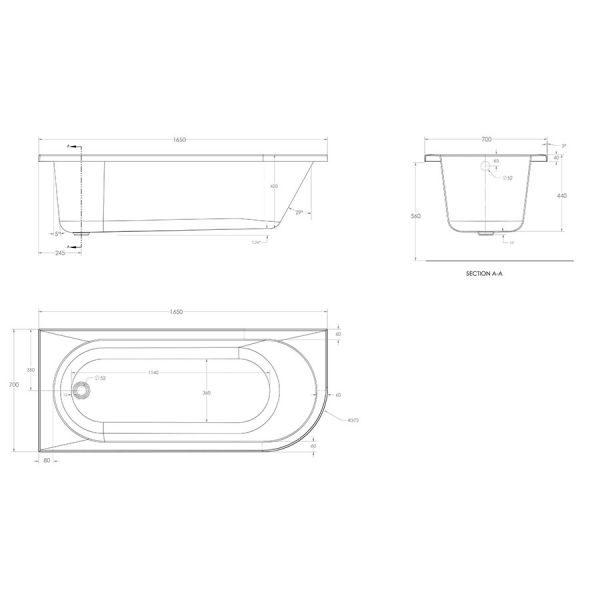 Eastbrook Biscay 1650 x 700 Left Hand Single Ended Bath #3