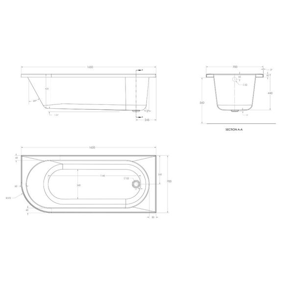 Eastbrook Biscay 1650 x 700 Right Hand Single Ended Bath #3