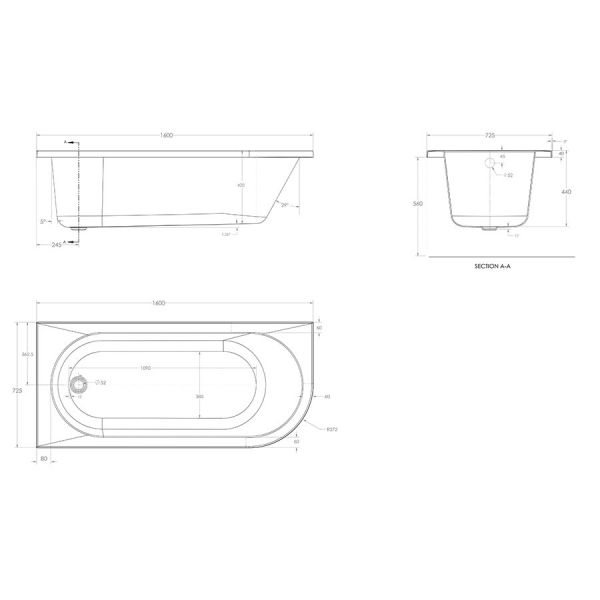 Eastbrook Biscay 1600 x 725 Left Hand Single Ended Bath #3