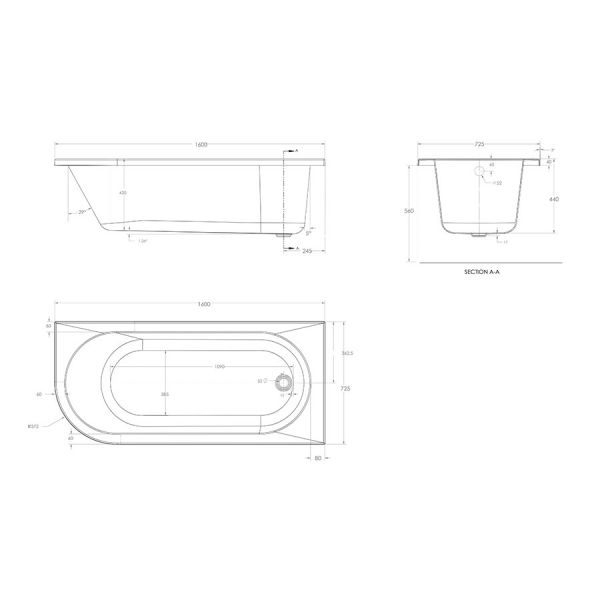Eastbrook Biscay 1600 x 725 Right Hand Single Ended Bath #3