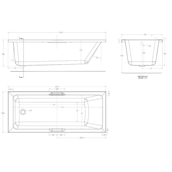 Eastbrook Beauforte Reinforced Portland 1675 x 700 Single Ended Bath with Twin Grips #3
