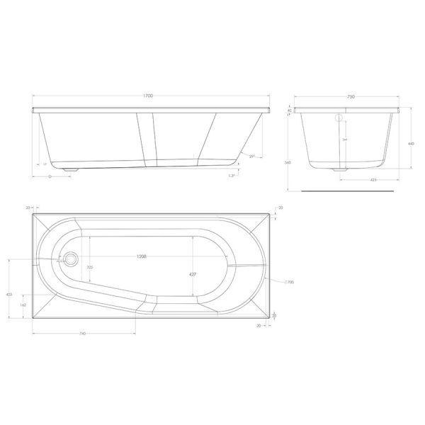 Eastbrook Beauforte Reinforced Fitzroy 1700 x 750 Single Ended Bath LH #2