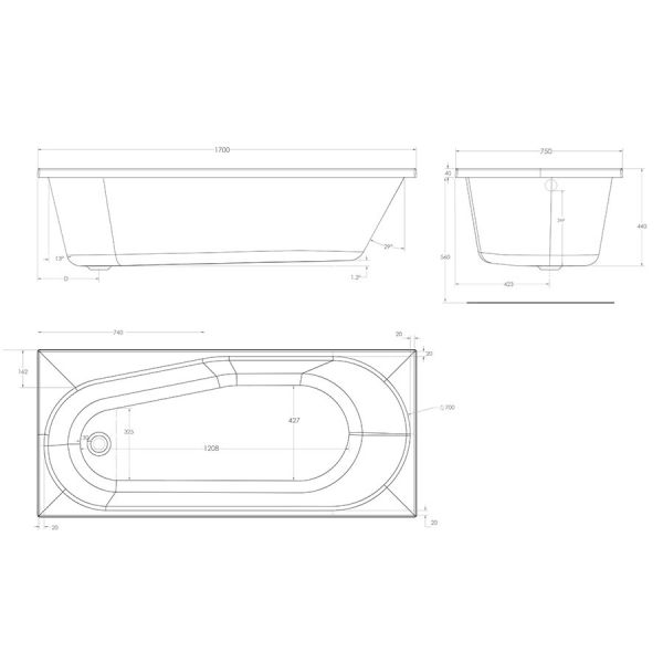Eastbrook Beauforte Reinforced Fitzroy 1700 x 750 Single Ended Bath RH #2