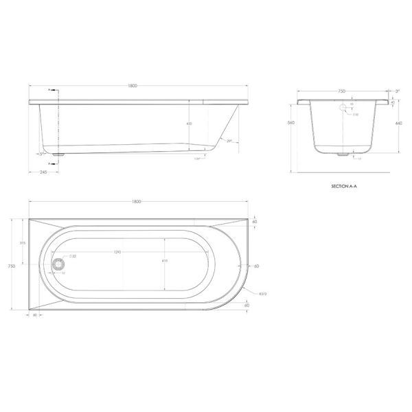 Eastbrook Beauforte Reinforced Biscay 1800 x 750 Left Hand Single Ended Bath #3