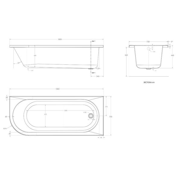 Eastbrook Beauforte Reinforced Biscay 1800 x 750 Right Hand Single Ended Bath #3