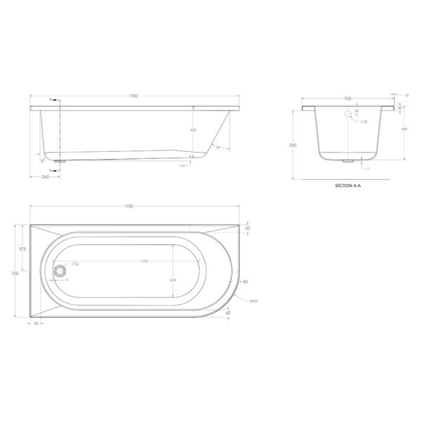 Eastbrook Beauforte Reinforced Biscay 1700 x 750 Left Hand Single Ended Bath #3