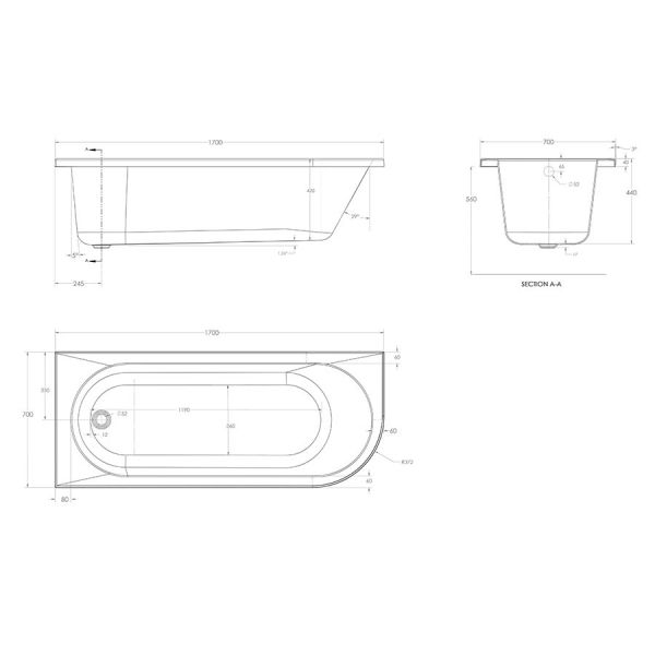 Eastbrook Beauforte Reinforced Biscay 1700 x 700 Left Hand Single Ended Bath #3