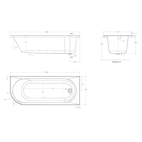 Eastbrook Beauforte Reinforced Biscay 1700 x 700 Right Hand Single Ended Bath #3
