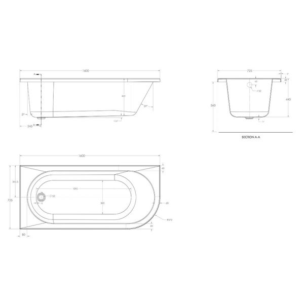 Eastbrook Beauforte Reinforced Biscay 1600 x 725 Left Hand Single Ended Bath #3