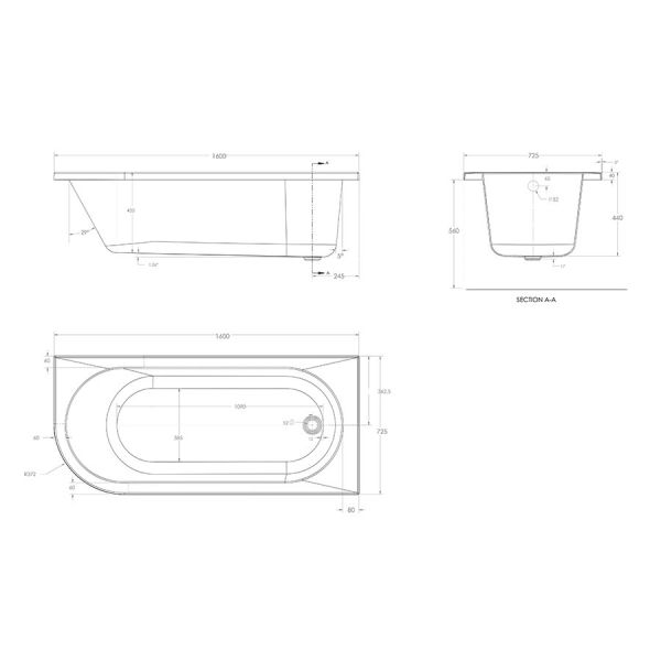 Eastbrook Beauforte Reinforced Biscay 1600 x 725 Right Hand Single Ended Bath #3