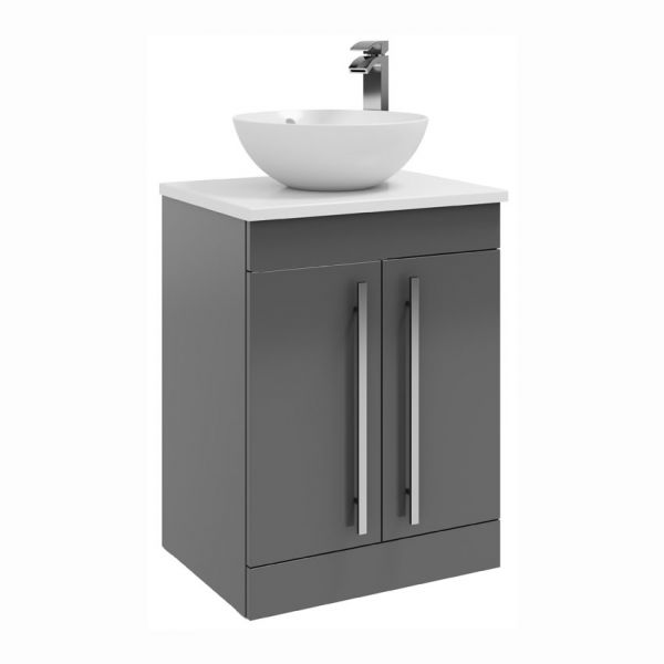 Kartell Purity 600 Storm Grey Gloss 2 Door Floor Standing Vanity Unit with Worktop and Countertop Basin