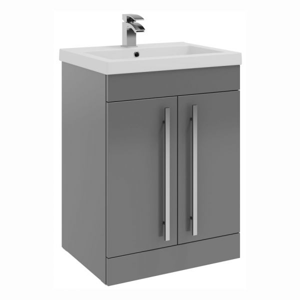 Kartell Purity 600 Storm Grey Gloss 2 Door Floor Standing Vanity Unit and Mid Depth Basin