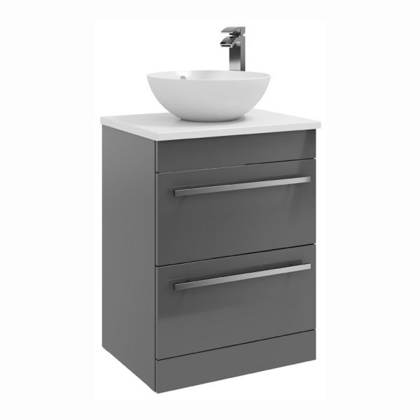 Kartell Purity 600 Storm Grey Gloss 2 Drawer Floor Standing Vanity Unit with Worktop and Countertop Basin