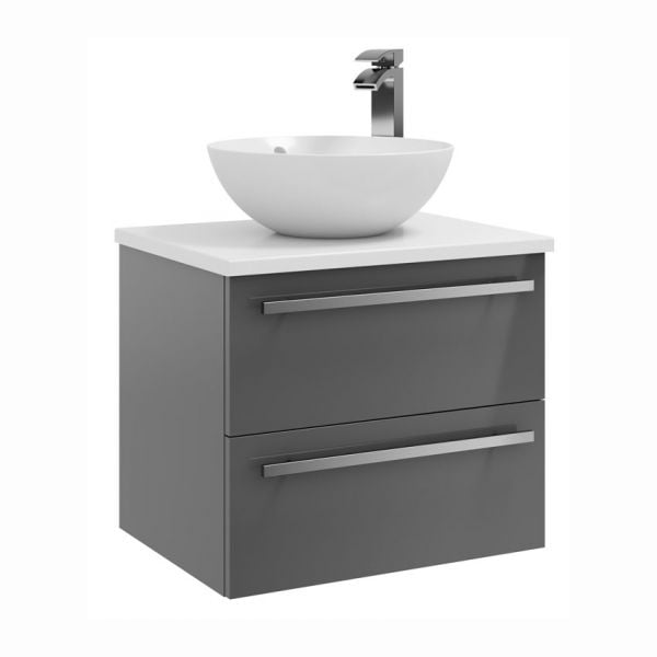 Kartell Purity 600 Storm Grey Gloss 2 Drawer Wall Mounted Vanity Unit with Worktop and Countertop Basin
