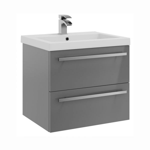 Kartell Purity 600 Storm Grey Gloss 2 Drawer Wall Mounted Vanity Unit and Mid Depth Basin
