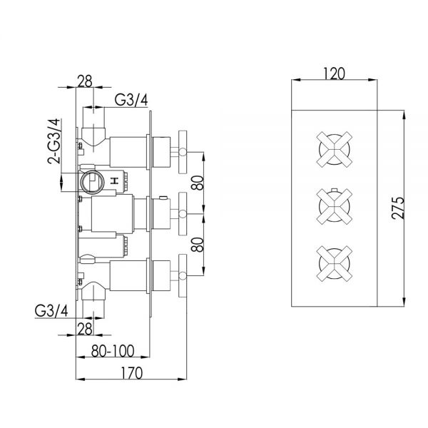 JTP Solex Brushed Brass Vertical Two Outlet Three Handle Thermostatic Shower Valve #2